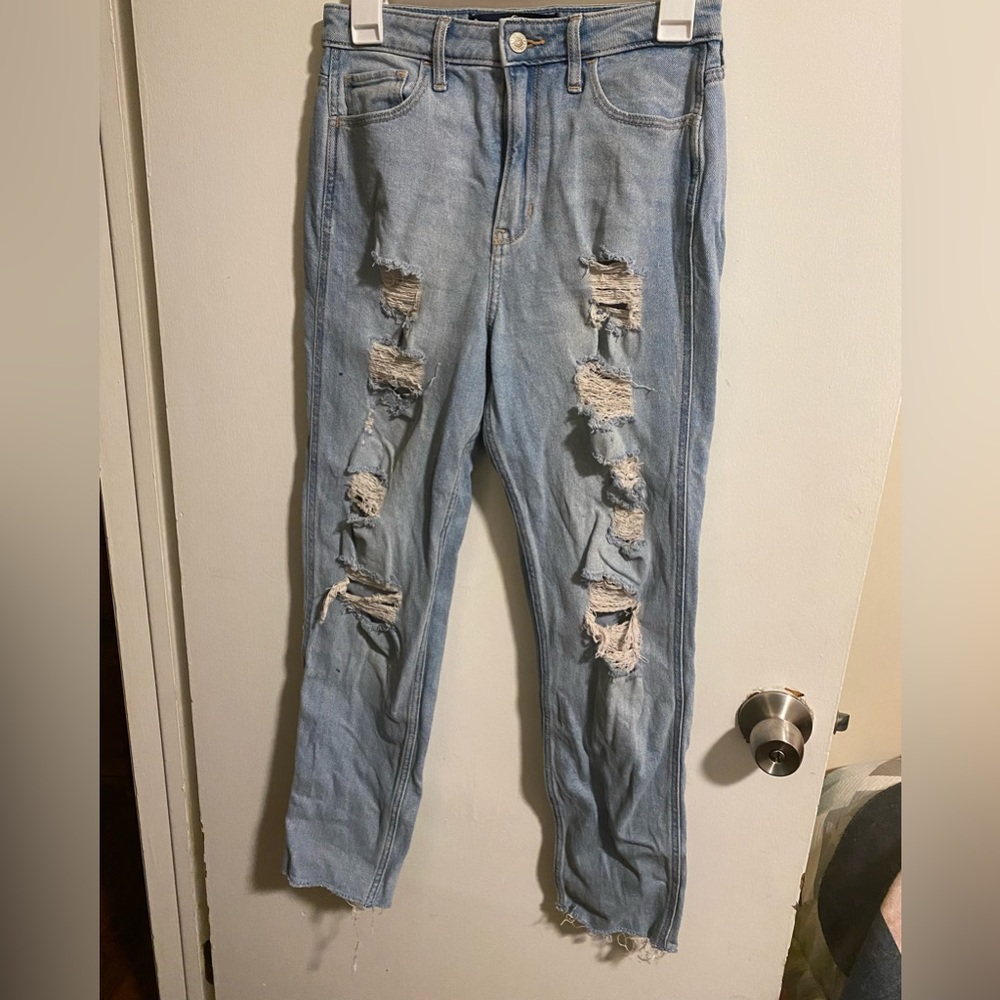 hollister light blue wash ripped mom/boyfriend  jeans